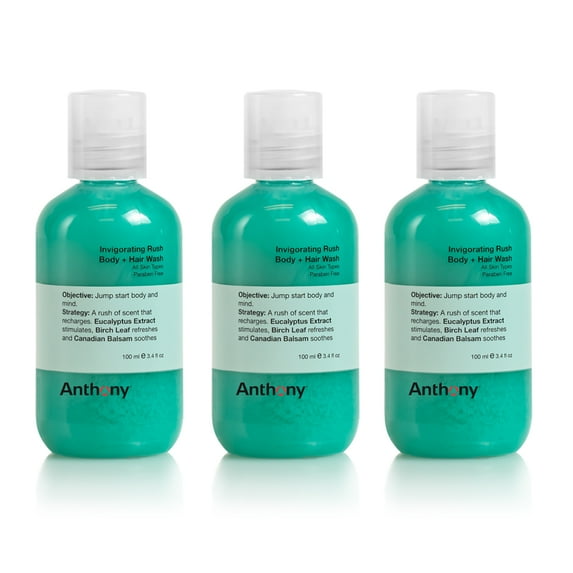 Anthony Mens Body Wash and Shampoo: Invigorating Rush 2-In-1 Liquid Gel Soap & Hair Shampoo – Pine Wood Scent Contains Eucalyptus Extract, Canadian Balsam & Birch Leaf 3.4 Fl. Oz Pack of 3
