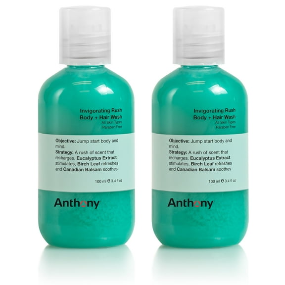 Anthony Mens Body Wash and Shampoo: Invigorating Rush 2-In-1 Liquid Gel Soap & Hair Shampoo Pine Wood Scent Contains Eucalyptus Extract, Canadian Balsam & Birch Leaf 3.4 Fl. Oz Pack of 2