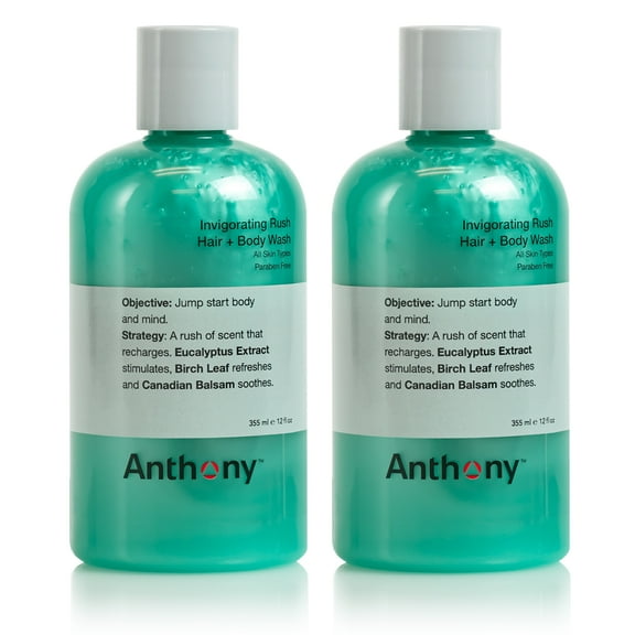 Anthony Mens Body Wash and Shampoo: Invigorating Rush 2-In-1 Liquid Gel Soap & Hair Shampoo Pine Wood Scent Contains Eucalyptus Extract, Canadian Balsam & Birch Leaf 12 Fl Oz Pack of 2