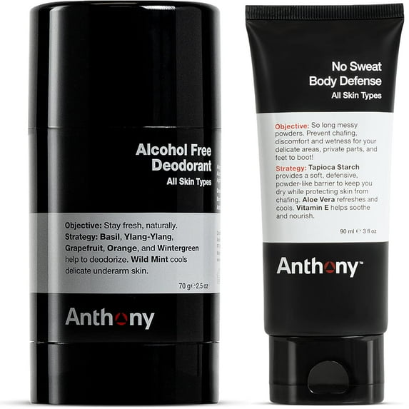 Anthony No Sweat Body Defense 3 Fl Oz, Anti-Chafe Talc Free Cream To Powder Lotion, and Alcohol Free Deodorant 2.5 Fl Oz, Deodorizes and Cools Underarm Skin For All Day Protection