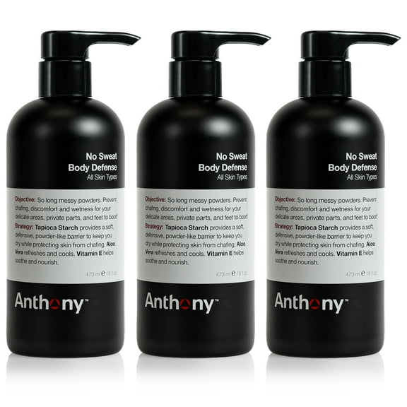 Anthony No Sweat Body Defense Deodorant for Men  Anti-Chafing, Anti-Itch Cream-to-Powder Lotion for Sweat and Body Odor Control  16 Fl Oz Pack of 3