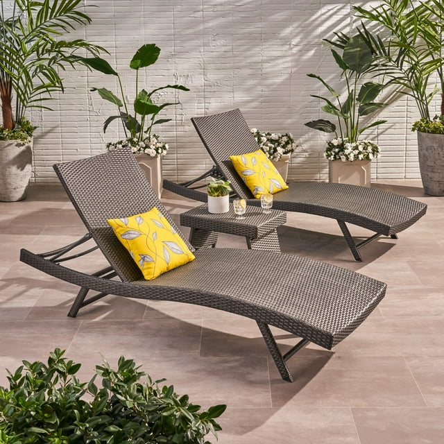 Anthony Outdoor 3-Piece Wicker Chaise Lounge Set, Grey
