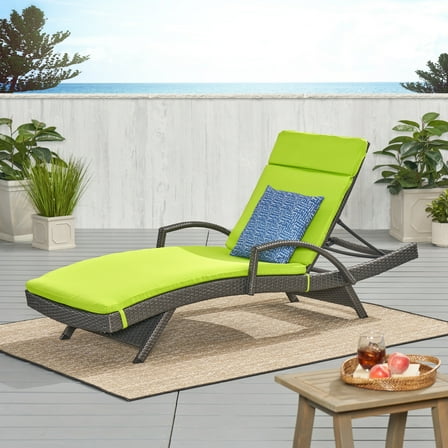 Anthony Outdoor Wicker Adjustable Chaise Lounge with Arms and Cushion, Grey, Green