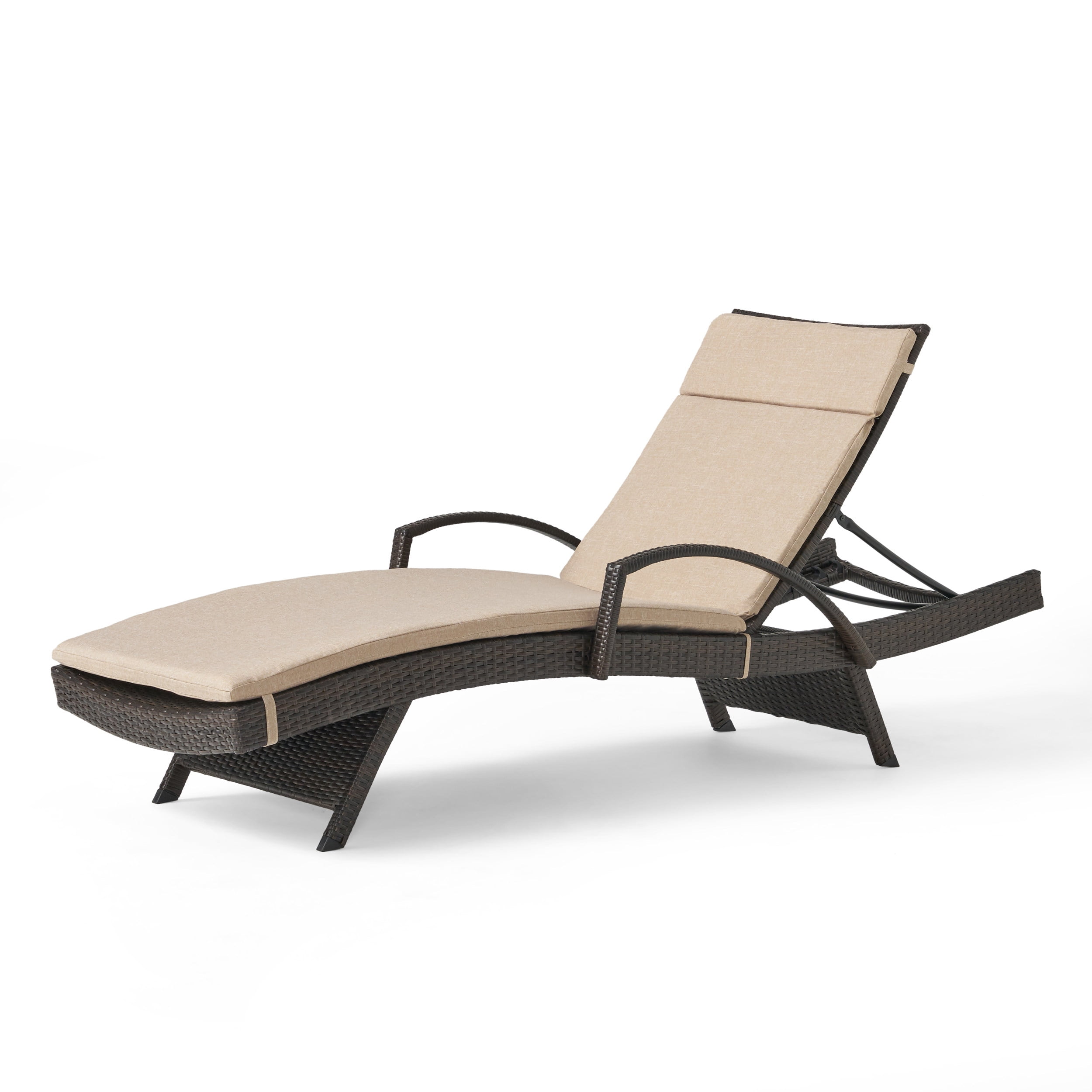 Anthony Outdoor Wicker Adjustable Chaise Lounge with Arms and Cushion, Multibrown, Textured Beige