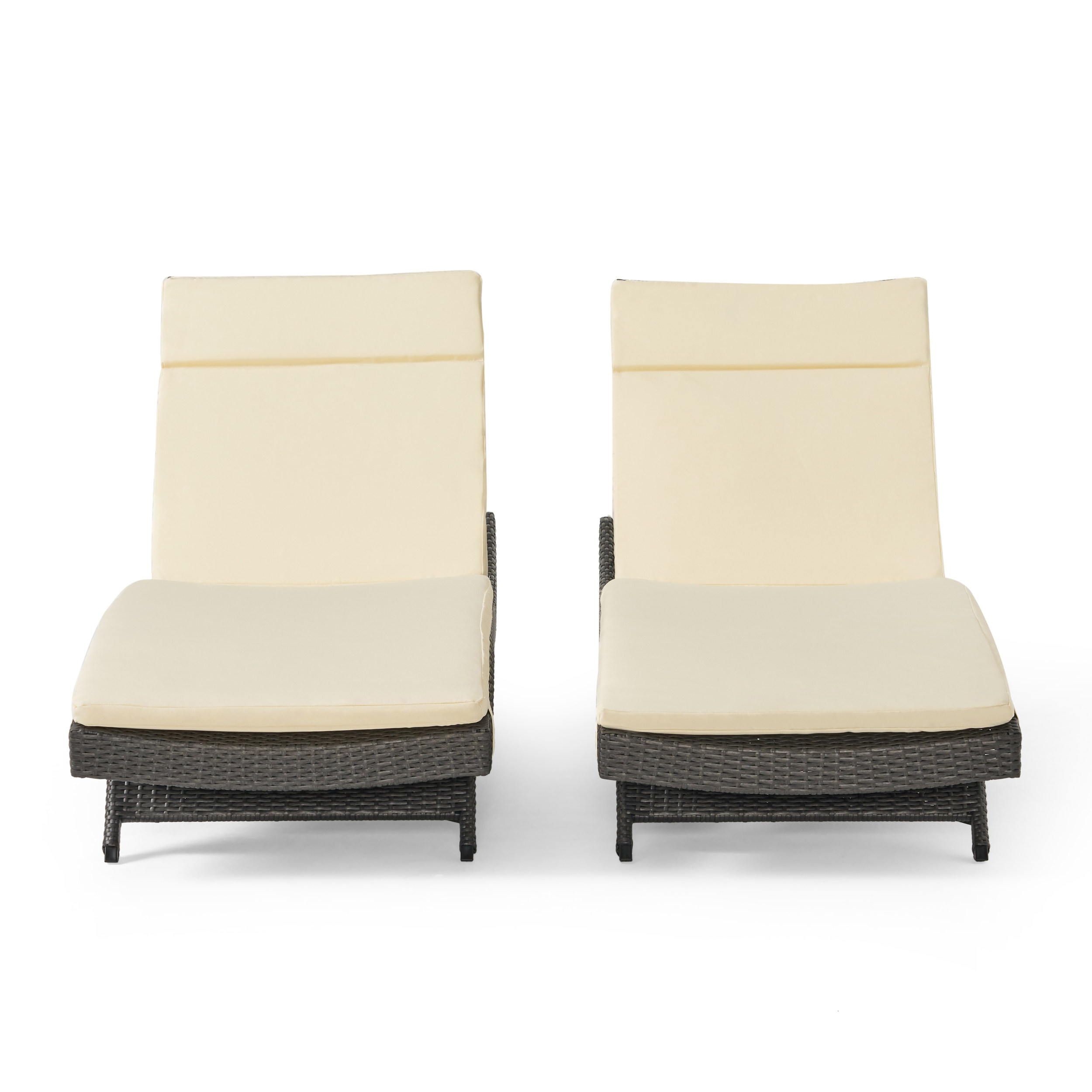 Anthony Outdoor Wicker Adjustable Chaise Lounge with Cushion, Set of 2, Grey, Beige