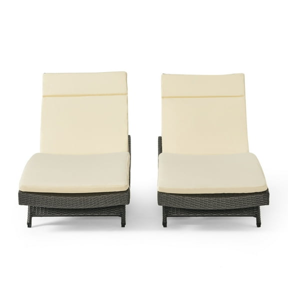 Anthony Outdoor Wicker Adjustable Chaise Lounge with Cushion, Set of 2, Grey, Beige