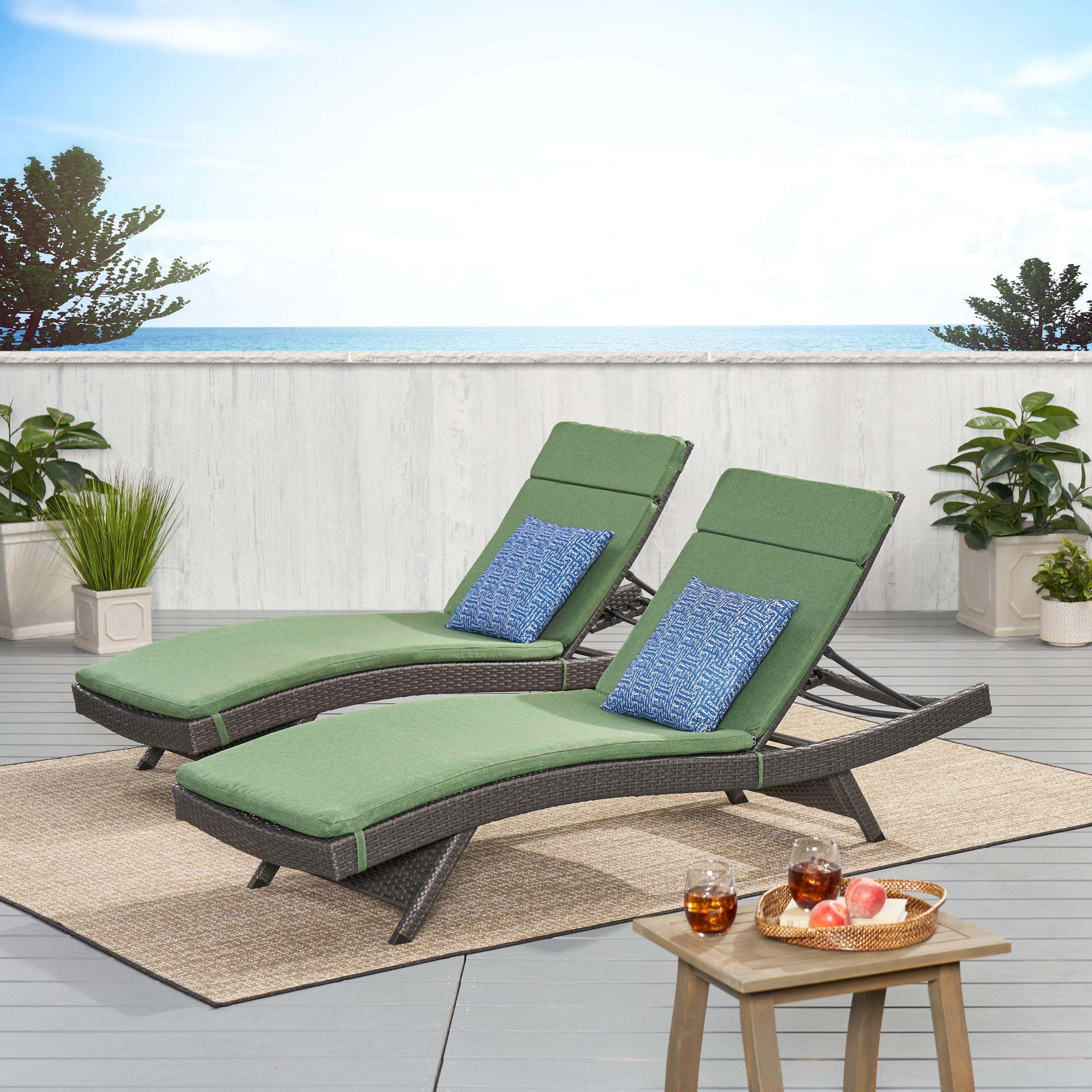 Anthony Outdoor Wicker Adjustable Chaise Lounge with Cushion, Set of 2