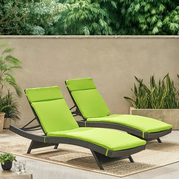 Anthony Outdoor Wicker Adjustable Chaise Lounge with Cushion, Set of 2, Multibrown and Bright Green