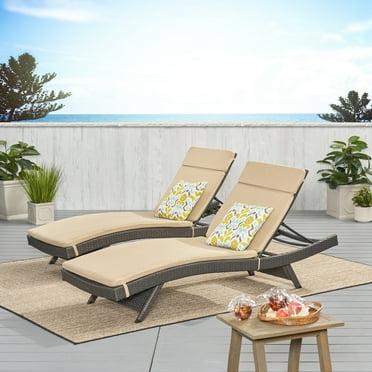 Anthony Outdoor Wicker Adjustable Chaise Lounge with Cushions, Set of 2, Grey, Textured Beige