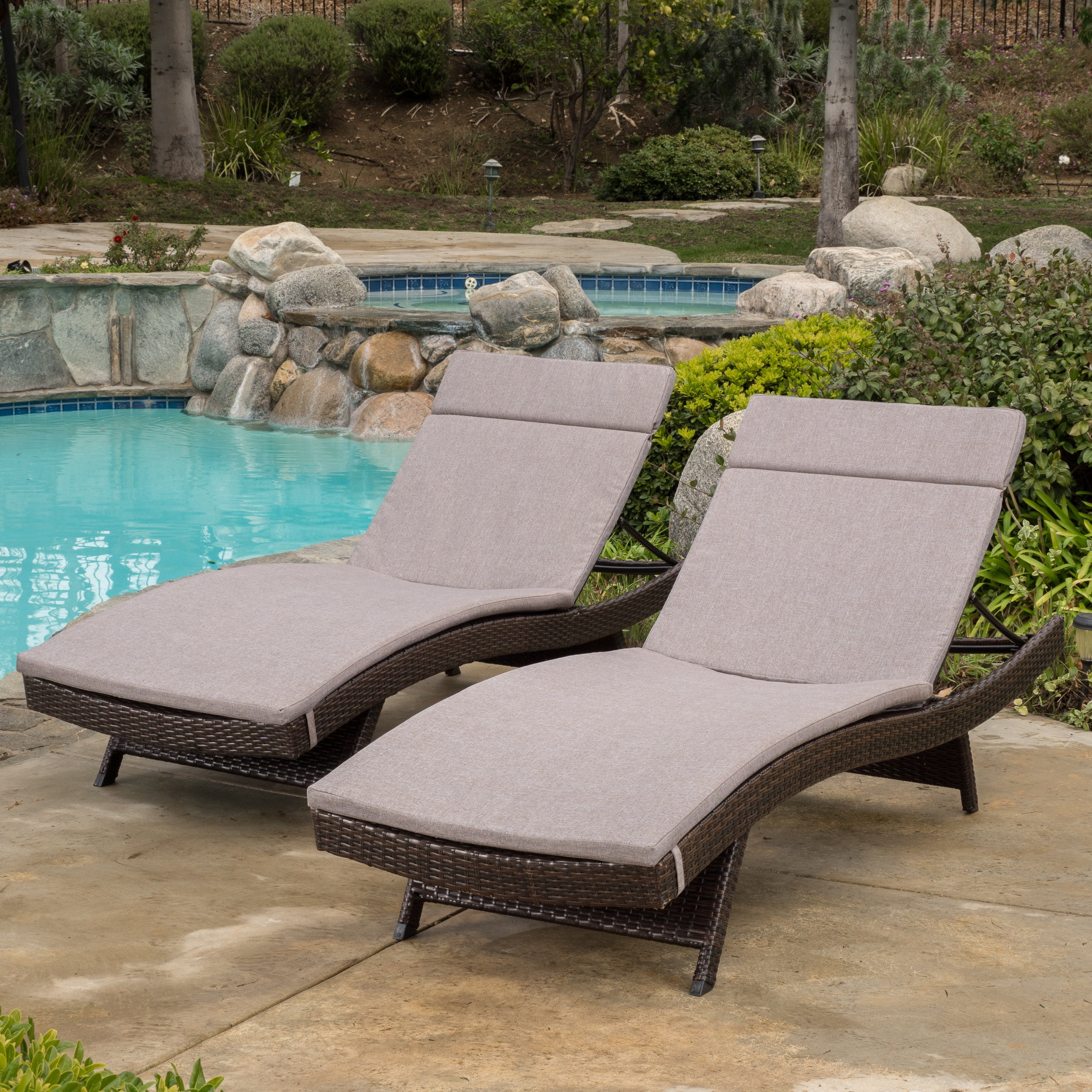 Anthony Outdoor Wicker Adjustable Chaise Lounges with Cushions, Set of 2, Multibrown, Charcoal