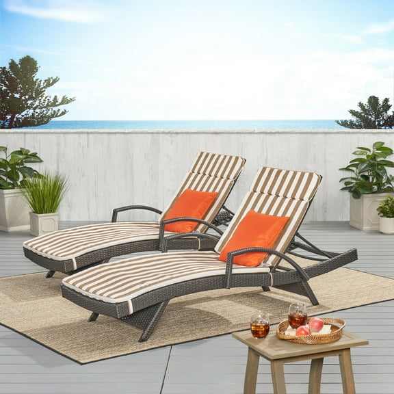Anthony Outdoor Wicker Armed Chaise Lounges with Cushions, Set of 2, Grey, Brown and White Stripe