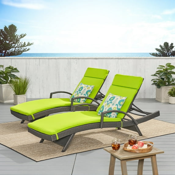 Anthony Outdoor Wicker Armed Chaise Lounges with Cushions, Set of 2, Grey, Green