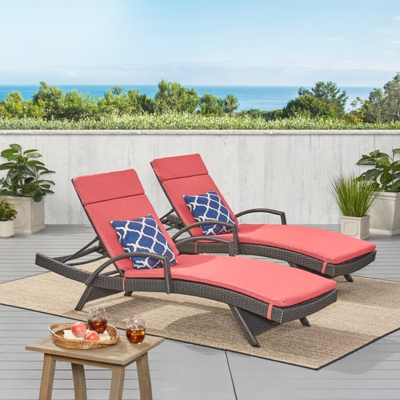 Anthony Outdoor Wicker Armed Chaise Lounges with Cushions, Set of 2, Grey, Red