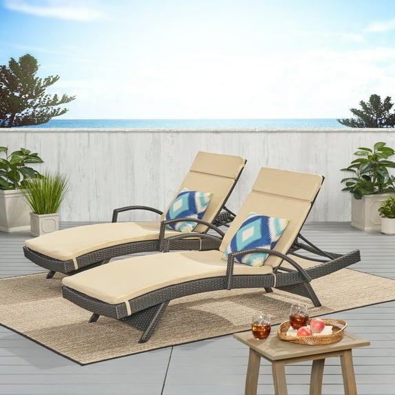 Anthony Outdoor Wicker Armed Chaise Lounges with Cushions, Set of 2, Grey, Textured Beige