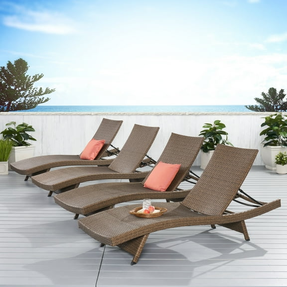 Anthony Outdoor Wicker Armless Chaise Lounge, Set of 4, Mixed Mocha
