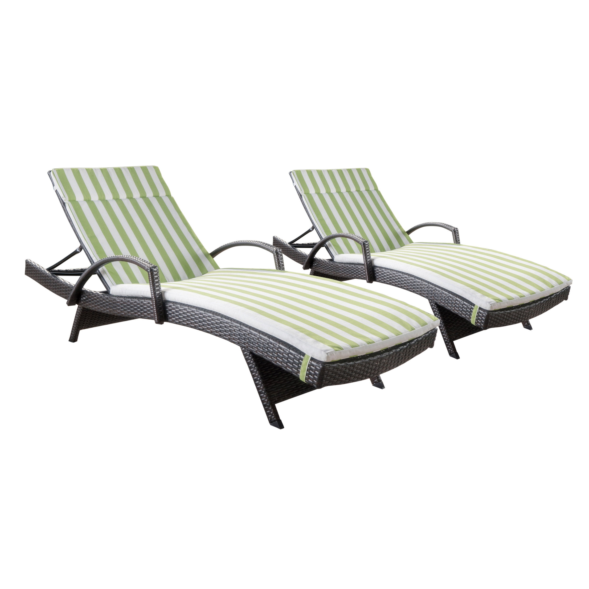 Noble House Salem Outdoor Wicker Arm Chaise Lounge in Brown and Green (Set of 2)