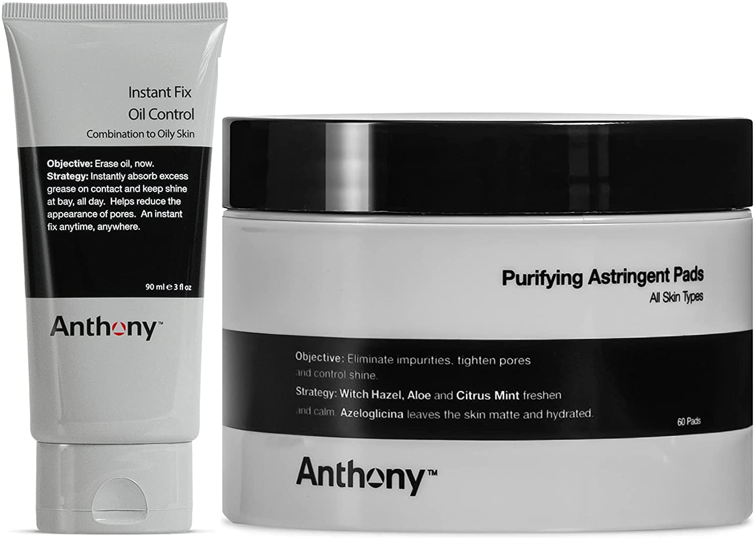Anthony Purifying Astringent Toner Pads, 60 Count, and Anthony Instant Fix Oil Control, 3 Fl Oz