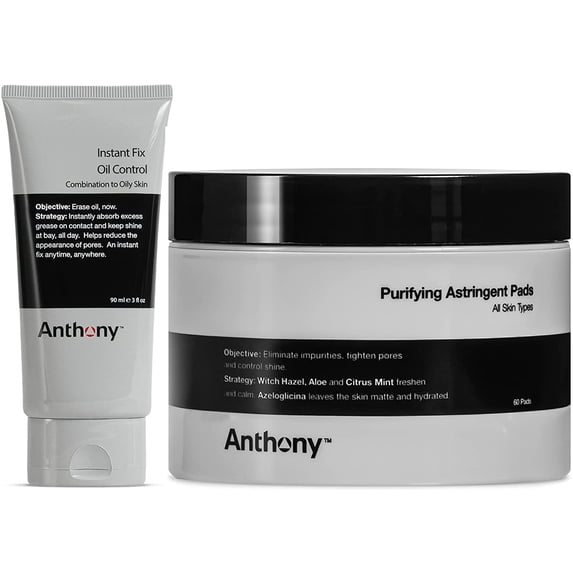 Anthony Purifying Astringent Toner Pads, 60 Count, and Anthony Instant Fix Oil Control, 3 Fl Oz
