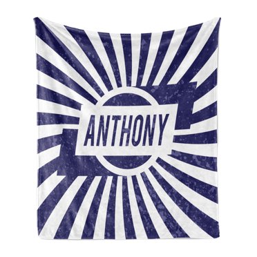 Anthony Soft Flannel Fleece Throw Blanket, Masculine Given Name with Weathered Appearance on Retro Stripes, Cozy Plush for Indoor and Outdoor Use, 50" x 70", Navy Blue and White, by Ambesonne
