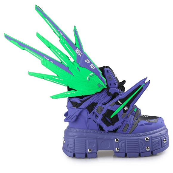Anime Gundam Mech Purple & Neon Green Womens's Platform Sneakers Sz 7