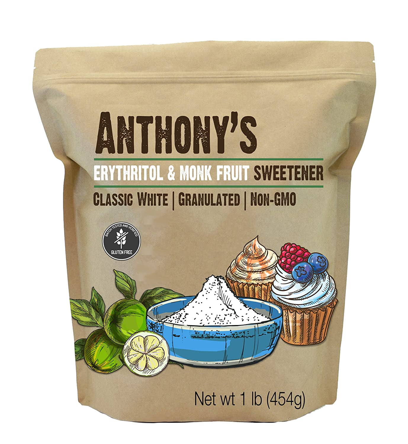 Anthony's Erythritol and Monk Fruit Sweetener Classic White, 1 lb