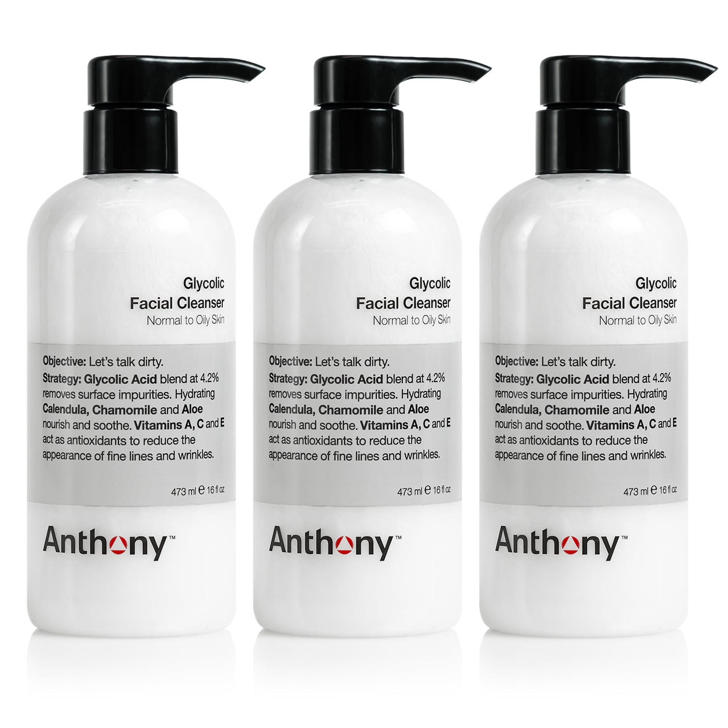 Anthony’s Glycolic Facial Cleanser for Men – Daily Cleansing Face Wash and Shave Prep – Hydrating, Exfoliating, and Gentle on Sensitive Skin – Non-foaming, 16 Fl Oz Pack of 3