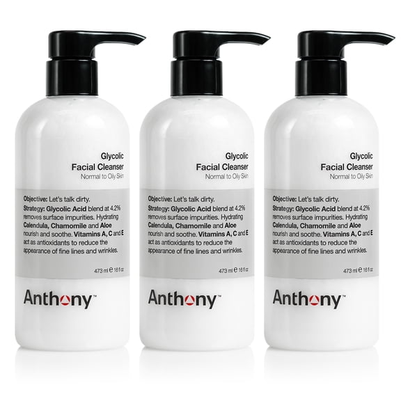 Anthonys Glycolic Facial Cleanser for Men  Daily Cleansing Face Wash and Shave Prep  Hydrating, Exfoliating, and Gentle on Sensitive Skin  Non-foaming, 16 Fl Oz Pack of 3