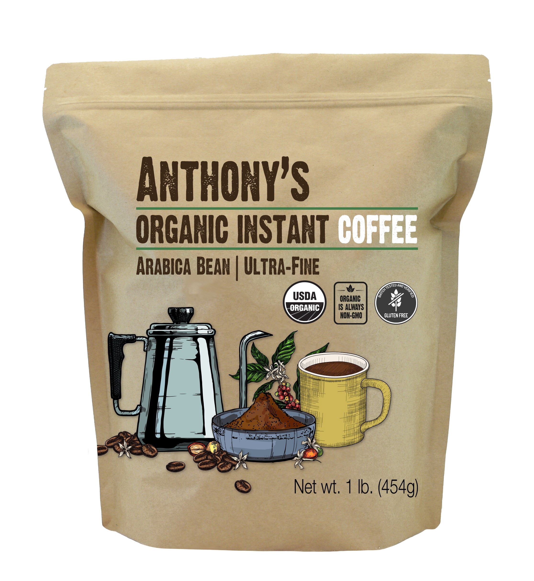 Anthony's Organic Instant Coffee, 1 lb, Ultra Fine Microground, Gluten Free, Arabica, Non GMO