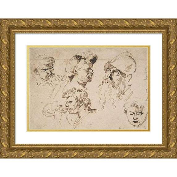 Anthony van Dyck 14x11 Gold Ornate Wood Frame and Double Matted Museum Art Print Titled - Sheet of Studies of Heads (1615-41)