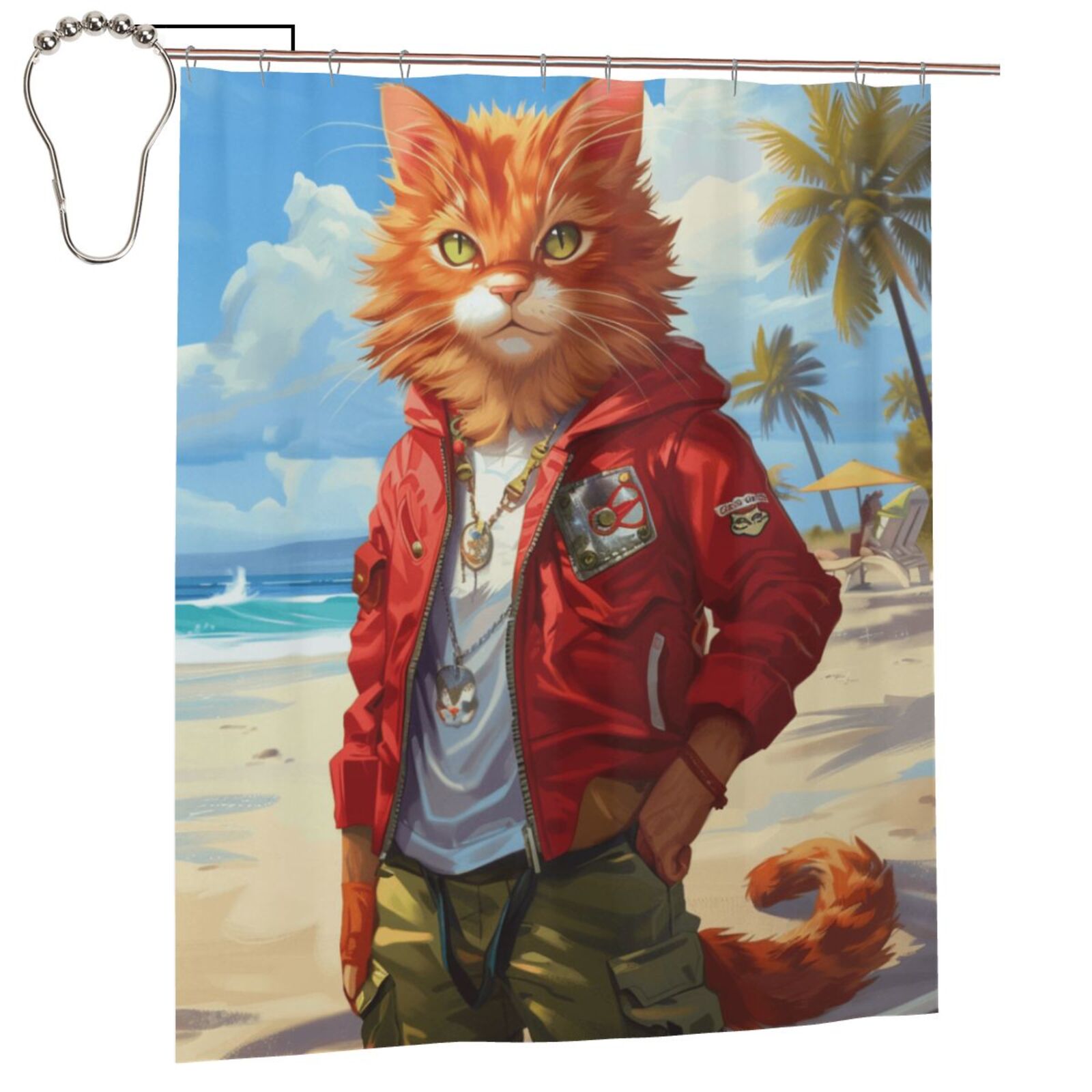 Anthropomorphic Cat Beach Shower Curtain for Bathroom Decorative Bath