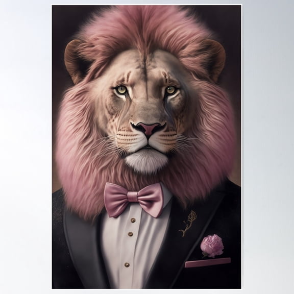 Anthropomorphic Handsome Pink Lion In A Tux Poster Wall Art, Modern Wall Decor For Living Room Bedroom, 8x12 UNFRAMED