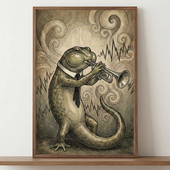 Anthropomorphic Toad Musician Vintage Etching Frog Trumpet Jazz Decoration, Stretched Canvas 8x10in