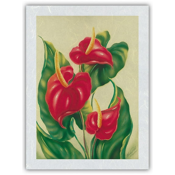 Anthurium II Hawai’i - Vintage Hawaiian Airbrush Art by Ted Mundorff c.1940s - Japanese Unryu Rice Paper Art Print (Unframed) 12 x 16 in