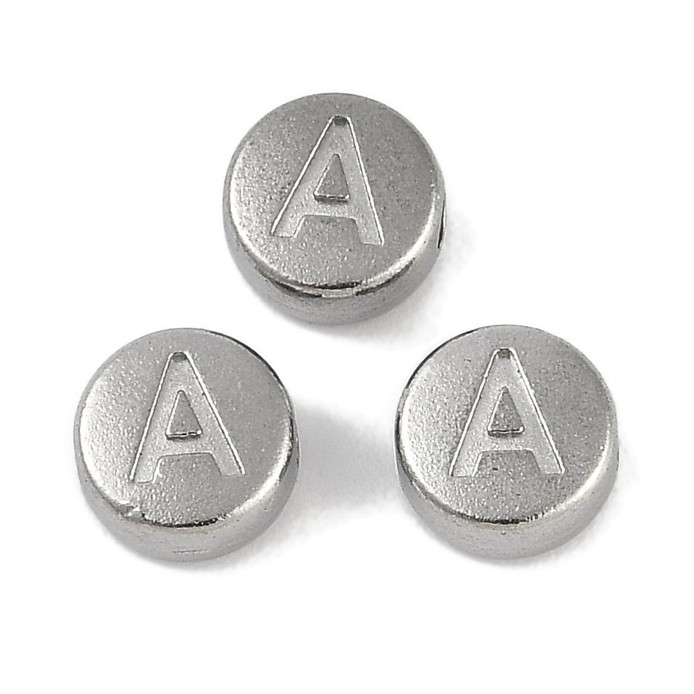 Anti-304 Stainless Steel Beads Flat Round with Letter Stainless Steel color Letter A 7x3.8mm Hole: 1.8mm