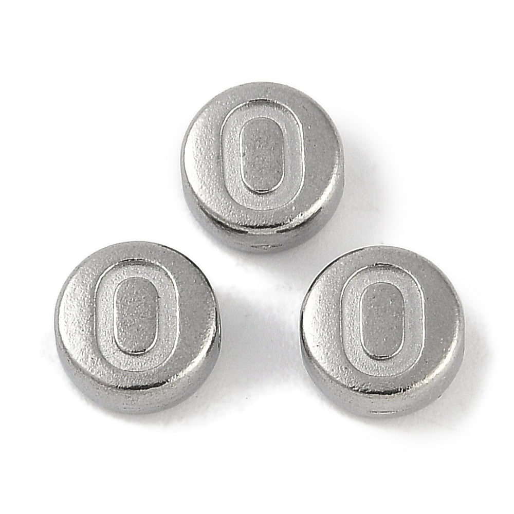 Anti-304 Stainless Steel Beads Flat Round with Letter Stainless Steel color Letter O 7x3.8mm Hole: 1.8mm