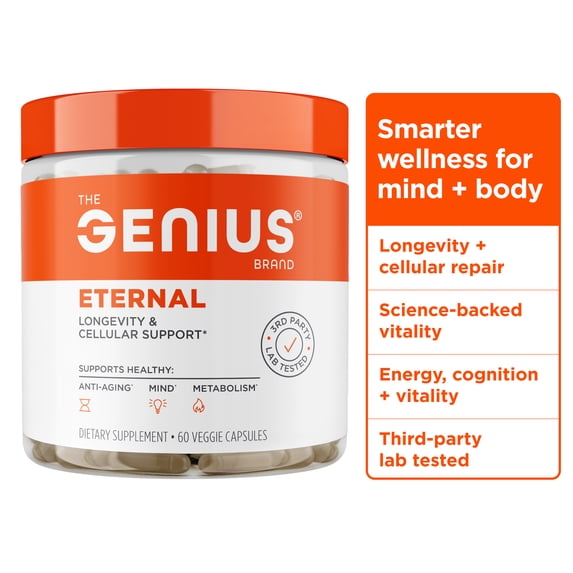 The Genius Brand Genius Eternal - Cellular Repair Supplement for Daily Clarity - Supports Brain Health, Endurance, Energy, Focus, Memory & Vitality - Non-GMO - 60 Veggie Capsules