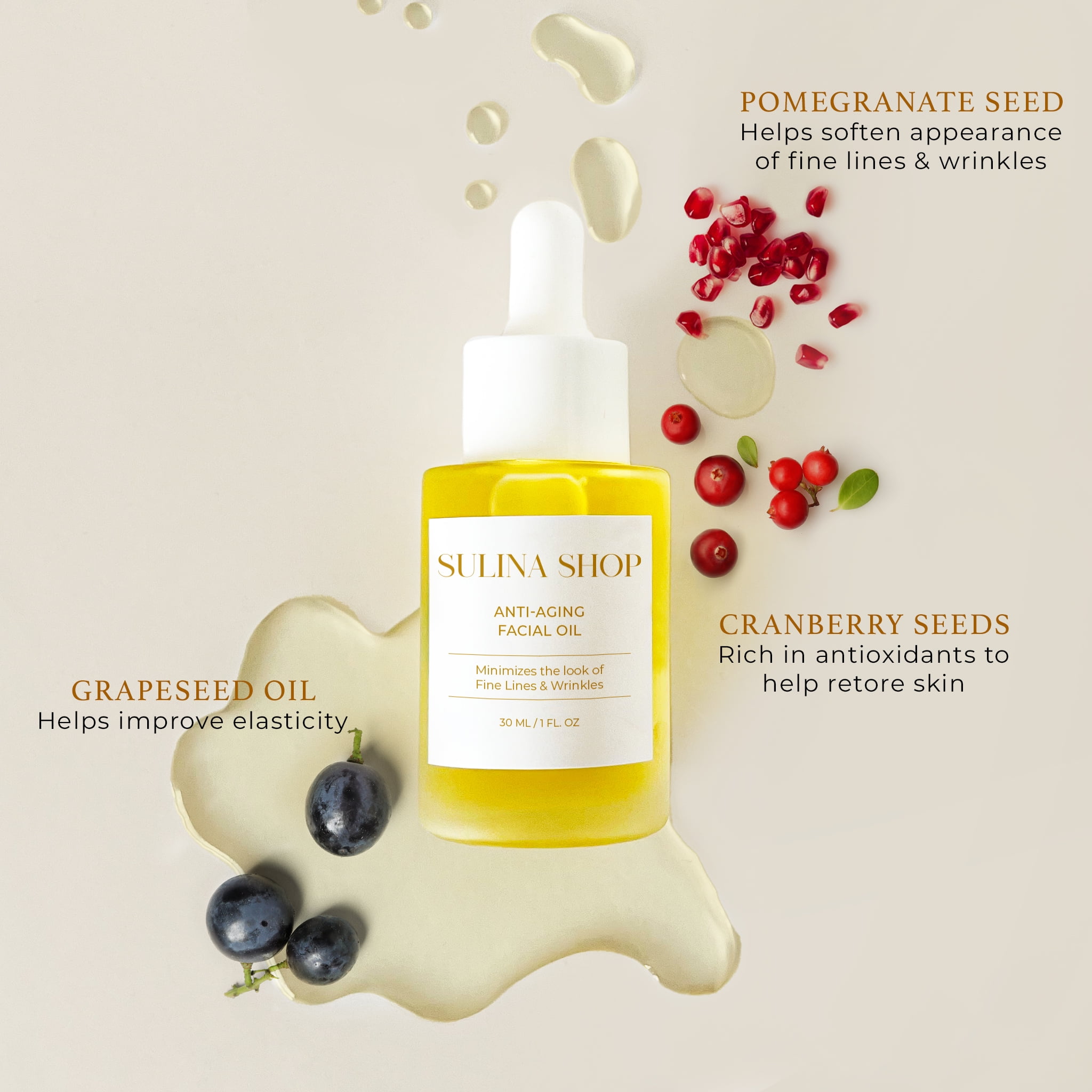 Anti-Aging Facial Oil - All Natural Oils, Improves Wrinkles and Fine Lines, Suppleness & Elasticity with Antioxidants, Plant, Fruit, & Seed Extracts - 30ml