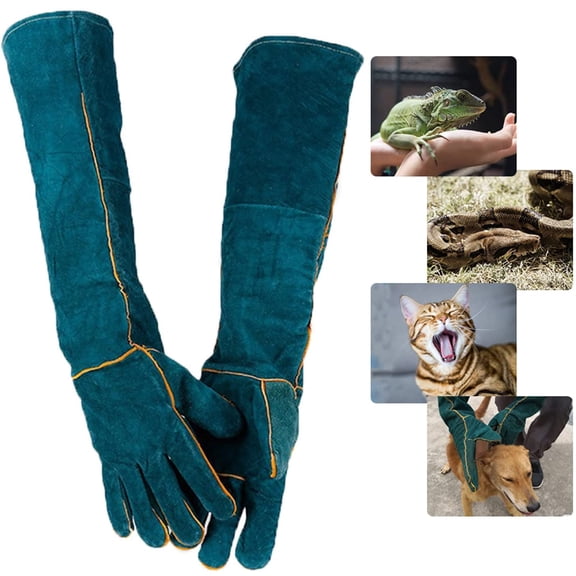Anti-Bite Animal Handling Gloves Thick Cowhide Leather w/ Cotton Lining for Dogs Cats Birds Reptiles and Snakes - 23.6 Inch Long Protective Work Gloves for Grooming Bathing and Veterinary Use