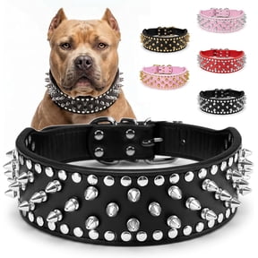 Anti-Bite Spiked Dog Collar for Medium Large Dogs, Adjustable PU Leather Studded Collar with Metal D-Ring, Heavy Duty Neck Protection, Punk Style Black XS