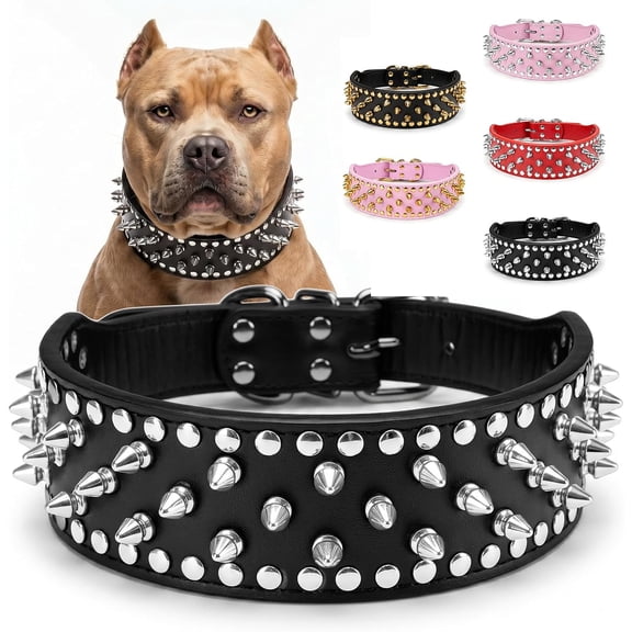 Anti-Bite Spiked Dog Collar for Medium Large Dogs, Adjustable PU Leather Studded Collar with Metal D-Ring, Heavy Duty Neck Protection, Punk Style Black XS