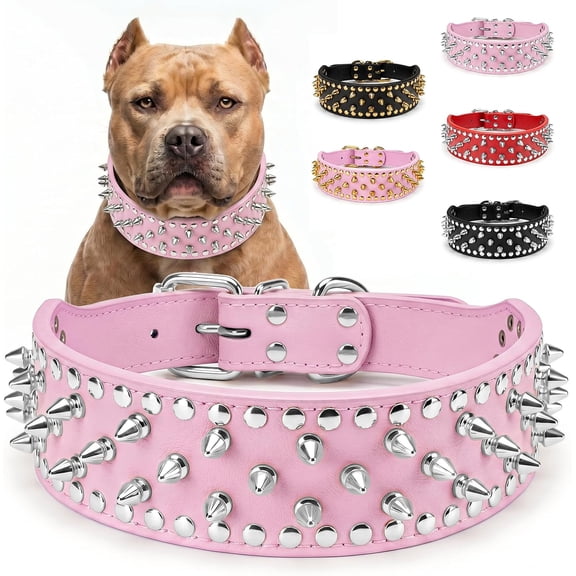 Anti-Bite Spiked Dog Collar for Medium Large Dogs, Adjustable PU Leather Studded Collar with Metal D-Ring, Heavy Duty Neck Protection, Punk Style Pink L