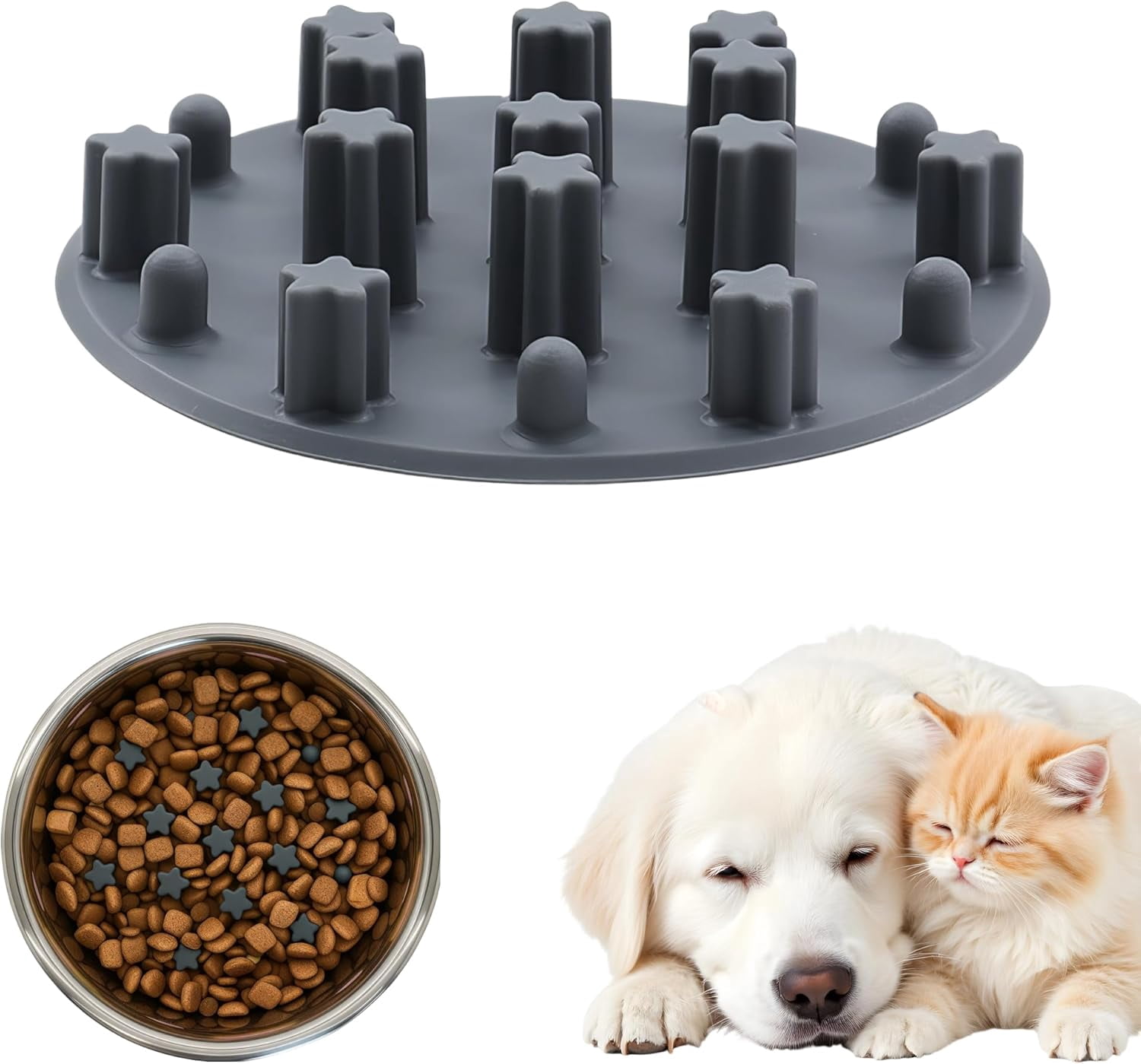 Anti-Choking Silicone Slow Feeder Insert for Cat & Dog Bowls, Suction Cups, Fits Most Bowls, Ideal for Puppies & Small Breeds (Grey)
