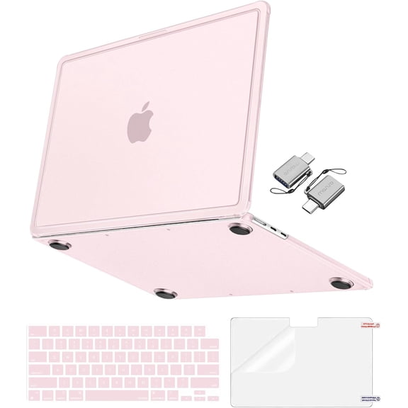 Anti-Crack Cover Compatible with MacBook Air 13 inch Case M5 M4 M3 M2 2026-2022 A3449 A3240 A3113 A2681, 4 in 1 Kit Reinforced Corner Defense Hard Shell for MacBook Air 13.6 Case, Pink
