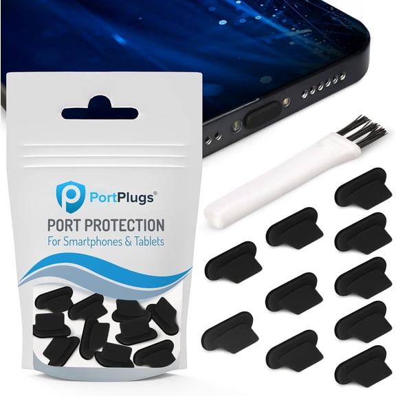 Anti Dust Plugs (10 Pack) - includes Charging Port Cleaning Brush - Flat Design Port Protector Cover - Compatible w/iPhone 14, 13,12,11 & Air Pods - Black