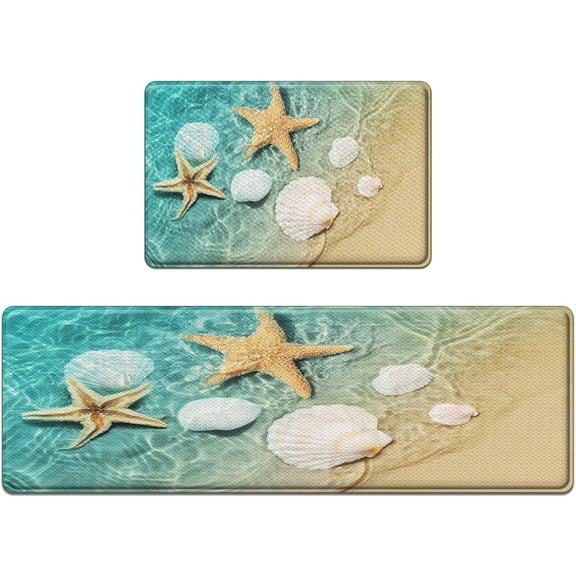 Anti-Fatigue Beach Kitchen Rug Set of 2 Cushioned Seashell Kitchen Mats for Floor, Summer Standing Mat Waterproof Non-Slip Kitchen Mats and Rugs PVC Ergonomic Comfort Foam Kitchen Decor
