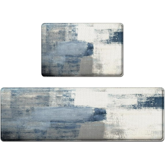 Anti-Fatigue Blue Grey Kitchen Rug Set of 2 Cushioned Abstract Rugs for Kitchen Floor, Art Standing Mat Waterproof Non-Slip Kitchen Mats and Rugs PVC Ergonomic Comfort Foam Kitchen Decor
