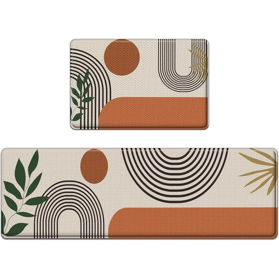 Anti-Fatigue Boho Kitchen Rug Set of 2 Cushioned Bohemian Kitchen Mats for Floor, Abstract Brown Sun Standing Mat Waterproof Non-Slip Kitchen Mats and Rugs PVC Ergonomic Foam Kitchen Decor