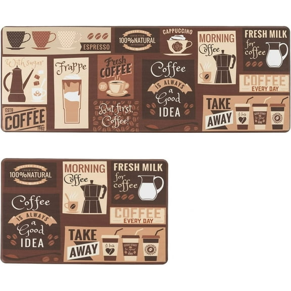 Anti Fatigue Comfort Kitchen Standing Desk Mat Decorative Ergonomic Floor Pad Kitchen Rug Waterproof Stain Resistance Non Slip Kitchen Set, 17.3''x27.6''+17.3''x47.2'', Cafe Design