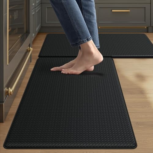 Anti Fatigue Cushion Padded Kitchen Mat for Floor - 17x29+17x29,Easy Clean, Water & Oil Proof, Non Slip, Foam Rubber Small Runner Rug for Front Sink Comfort Standing, Black Set of 2