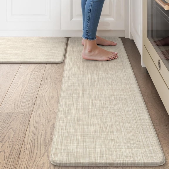 Anti Fatigue Cushioned Kitchen Mat Set 2 Piece Non Skid Waterproof Kitchens Sink Rug Standing Floor Carpets for Office, Sink,17"×29"+17"×47",Beige